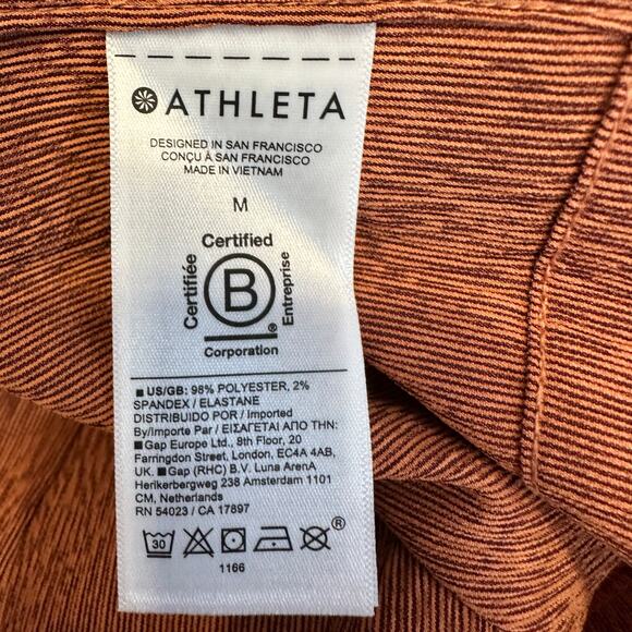Athleta Echo Top WMNS M Orange Brown Striped Button Up Short Sleeve Breathable - Picture 7 of 10